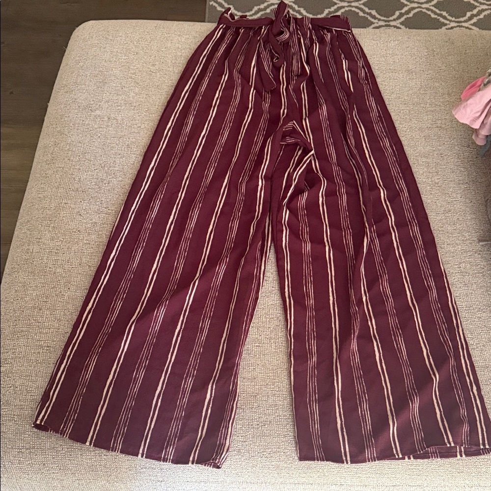 Striped ruffled belted waist Burgundy Women's wide leg Pants boho hippie